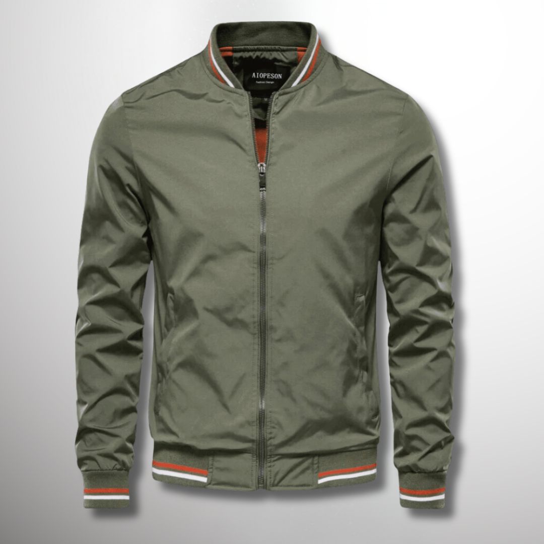 Fall Water Resistant Bomber Jacket with Striped Trim for Men in Army Green