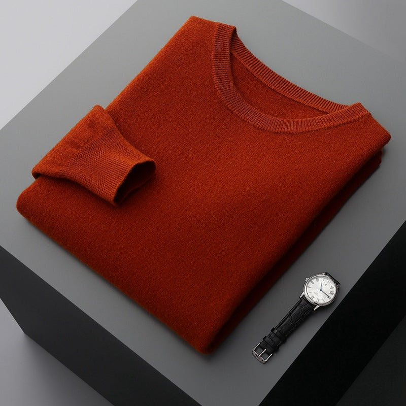 Fall Cashmere Feel Knit Crew Neck Sweater for Men in Rust