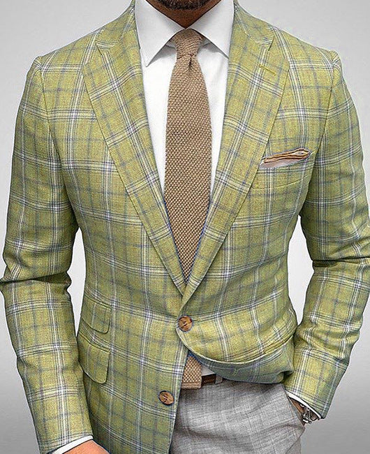 Fall Slim Fit Plaid Two Button Suit Blazer for Men in Light Olive Plaid