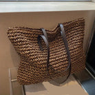 Oversized woven straw beach tote bag in coffee