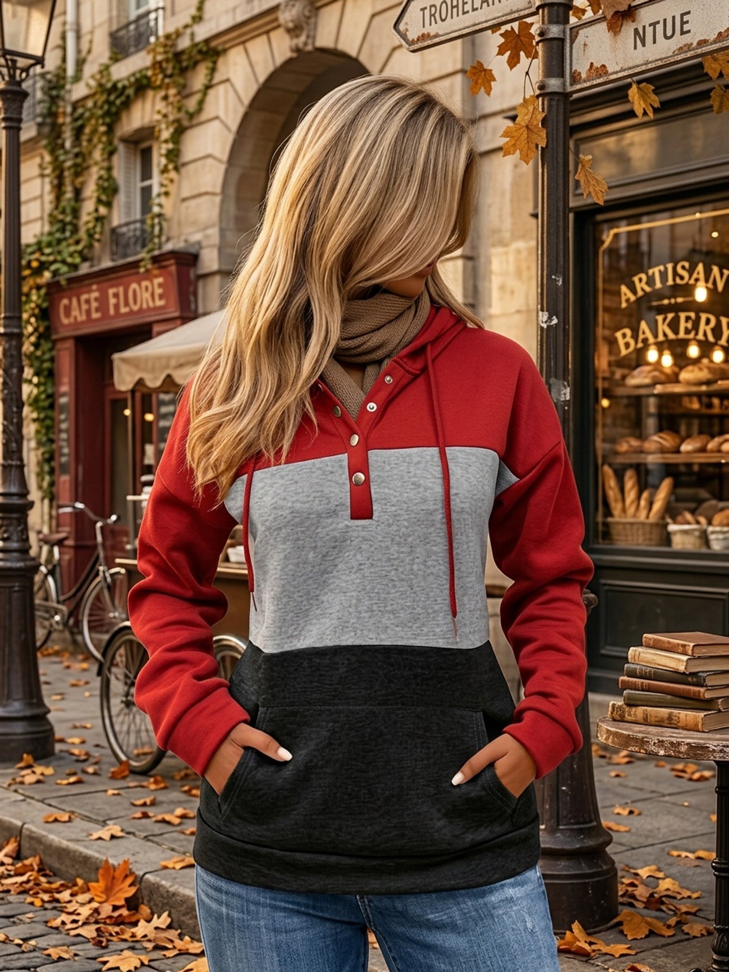 Hoodie Womens Colour Block Button Neck Pullover Soft Fleece Warm