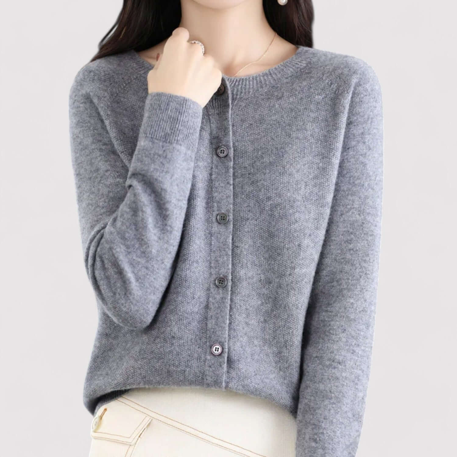 Fall Soft Brushed Fine Knit Crewneck Button Cardigan for Women in Gray