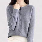 Fall Soft Brushed Fine Knit Crewneck Button Cardigan for Women in Gray
