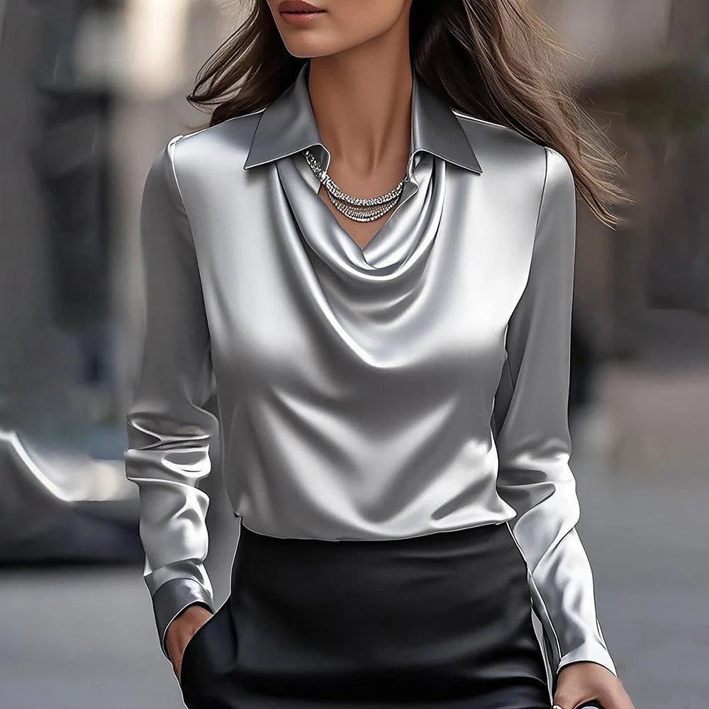 Fall Draped Cowl Neck Collared Long Sleeve Blouse for Women in Silver
