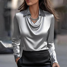 Fall Draped Cowl Neck Collared Long Sleeve Blouse for Women in Silver