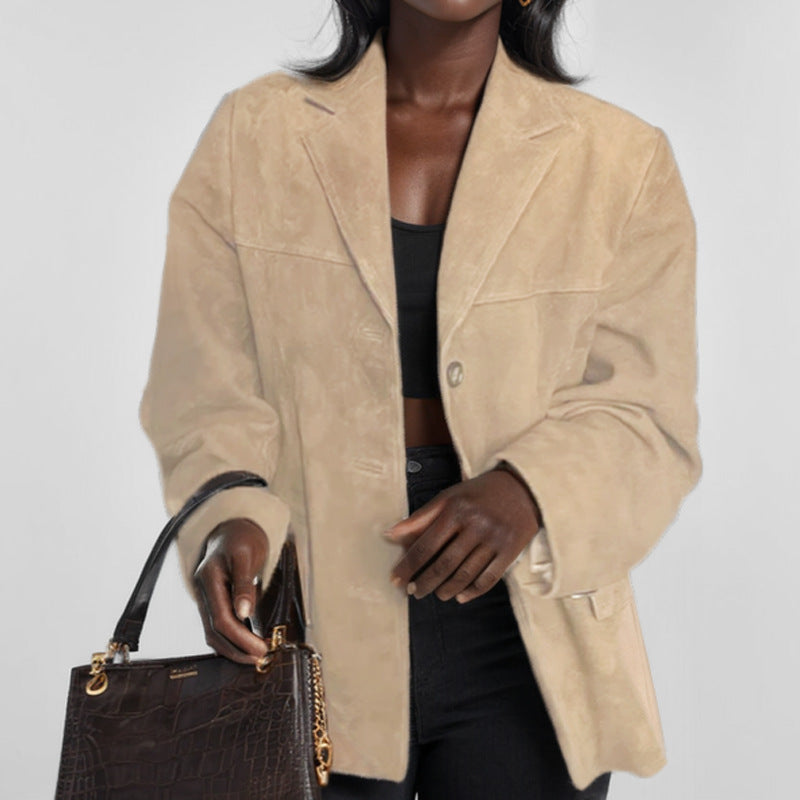 Fall Faux Leather Notch Lapel Button Front Blazer for Women in Beige
