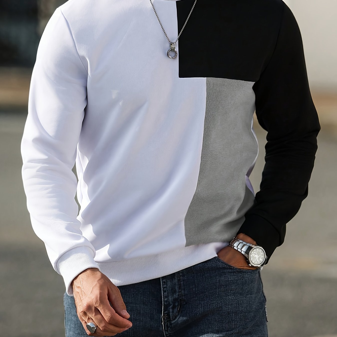 Sweatshirt Mens Colour Block Round Neck Pullover Contrast Panel