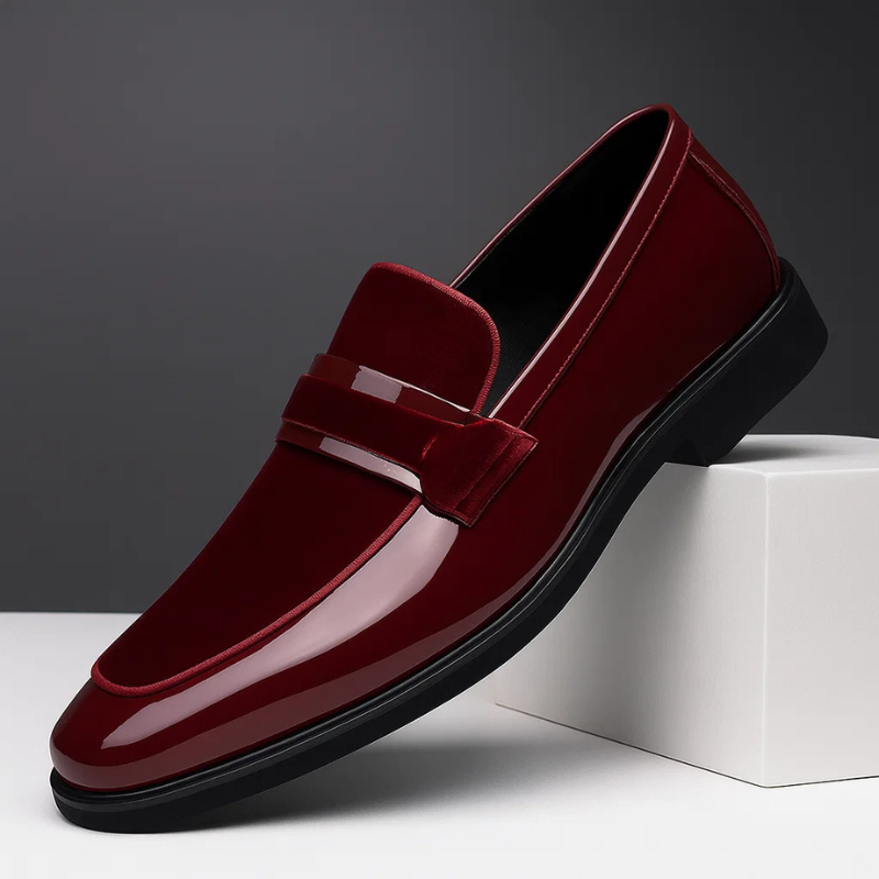 Polished leather suede panel penny loafer in red