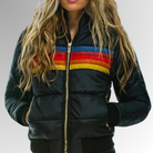 Winter Retro Striped Quilted Hooded Puffer Jacket for Women in Black