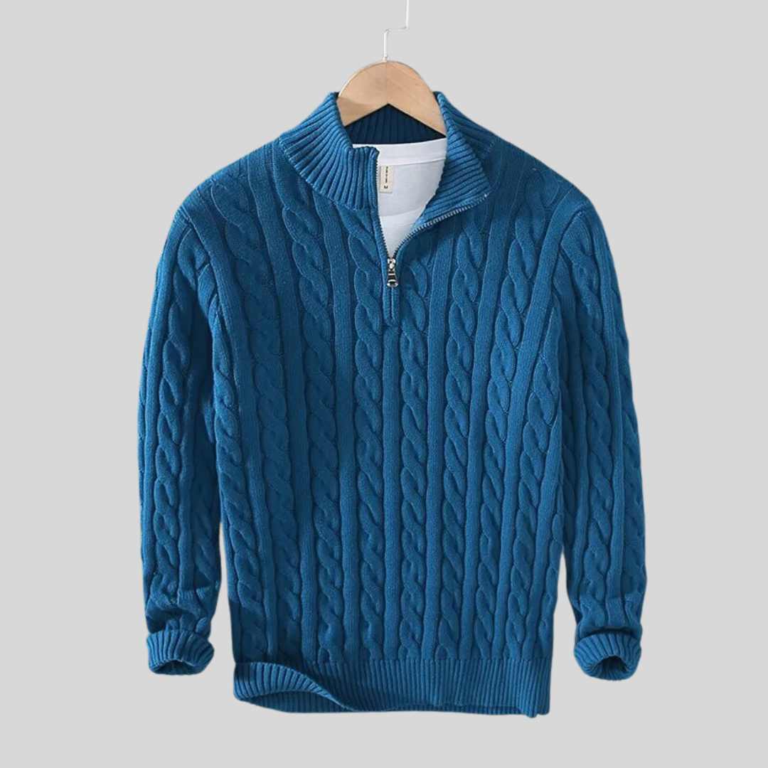 Fall Cable Knit Stand Collar Quarter Zip Sweater for Men in Blue