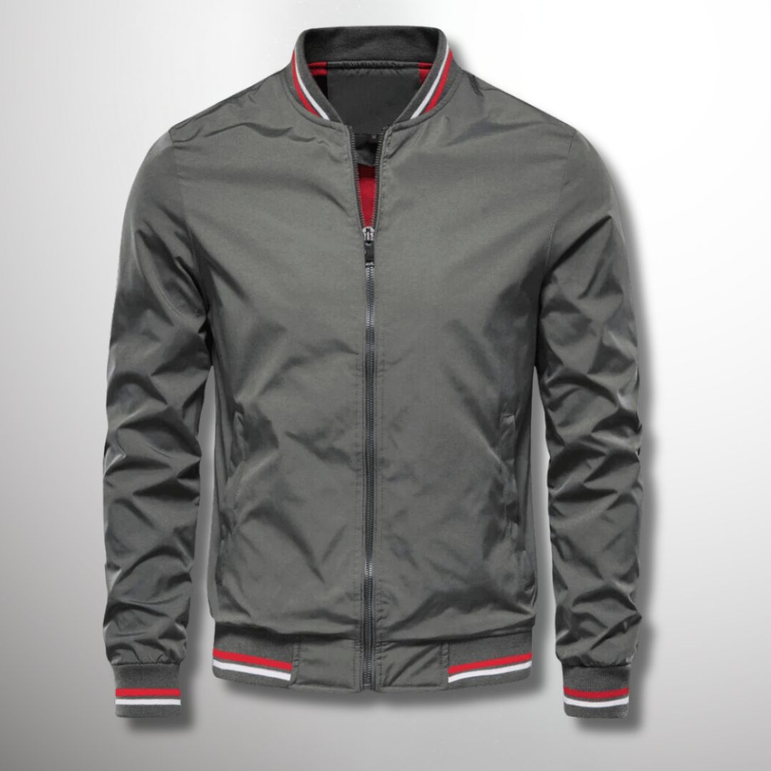 Fall Water Resistant Bomber Jacket with Striped Trim for Men in Gray