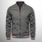 Fall Water Resistant Bomber Jacket with Striped Trim for Men in Gray