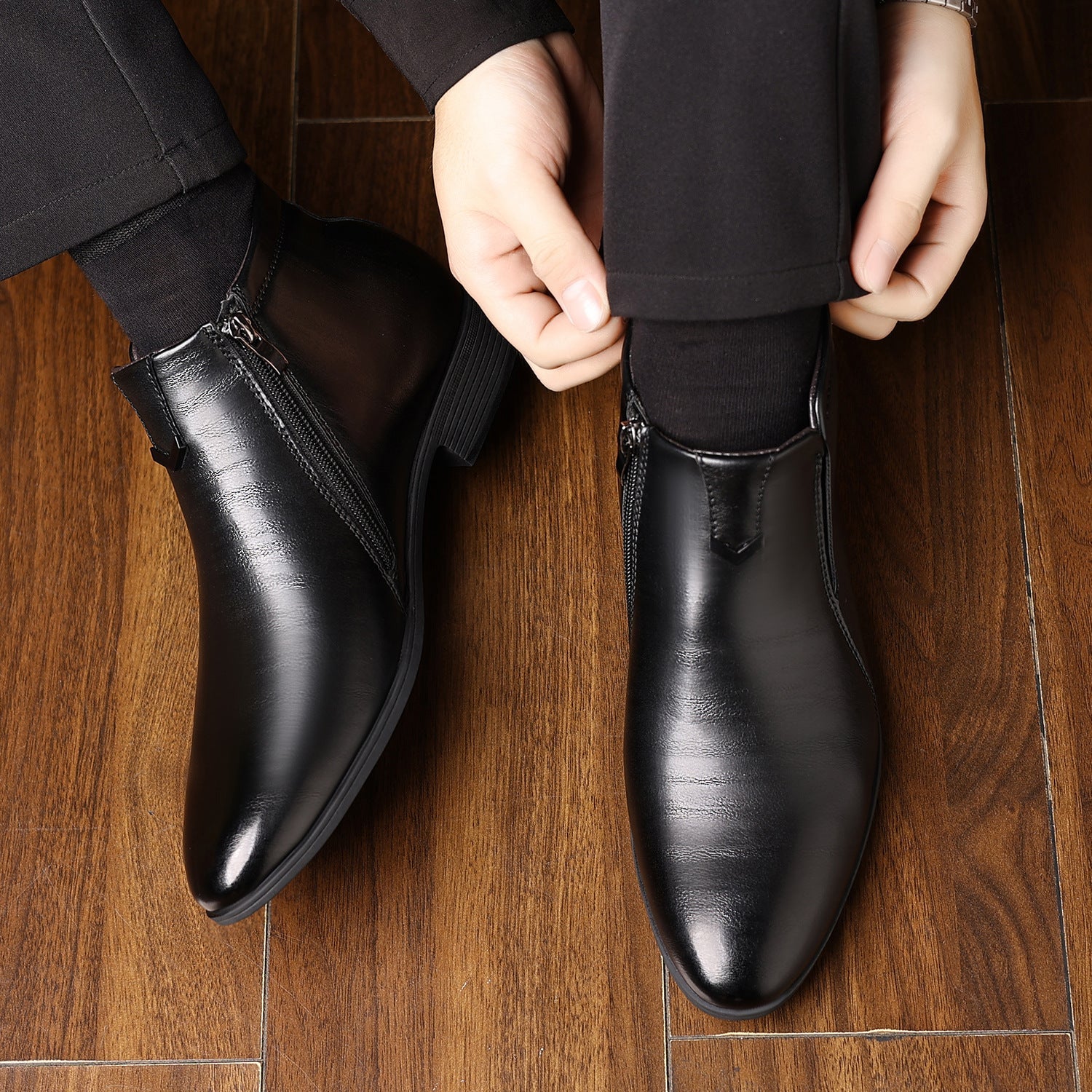 Fall Faux Leather Embossed Side Zip Chelsea Boots for Men in Black