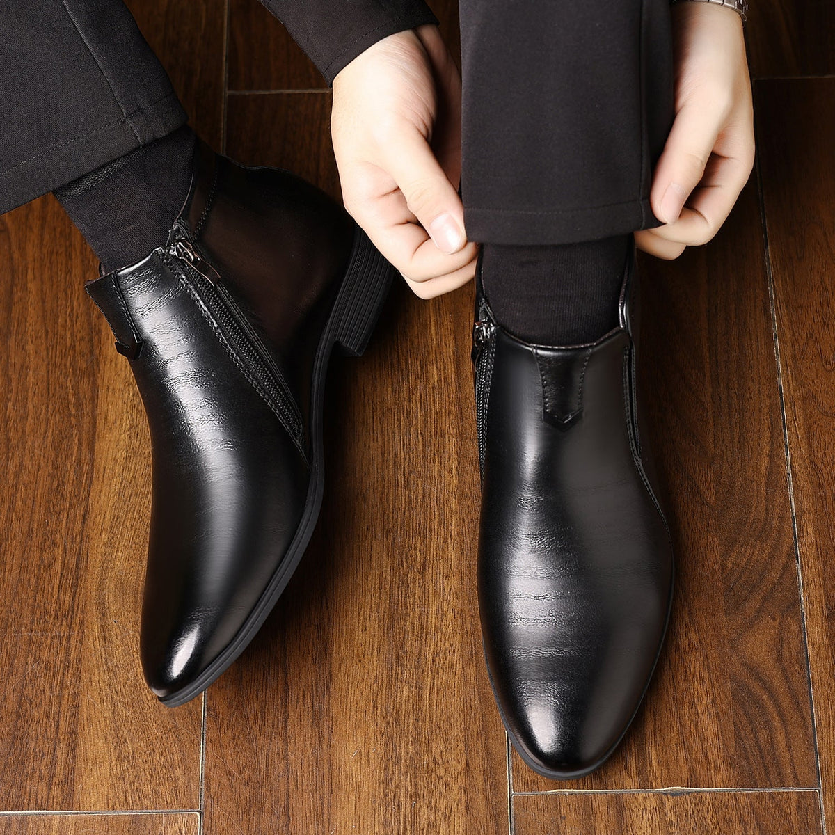Fall Faux Leather Embossed Side Zip Chelsea Boots for Men in Black