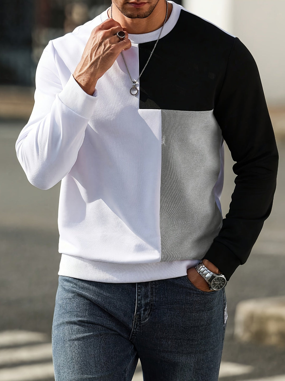 Sweatshirt Mens Colour Block Round Neck Pullover Contrast Panel
