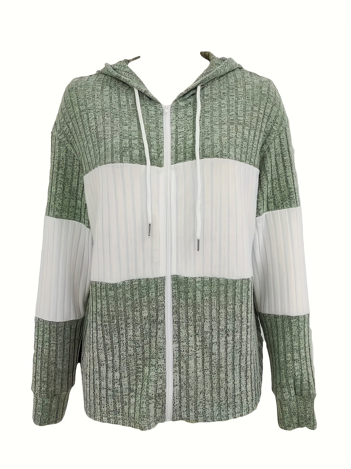 Zip Hoodie Womens Colour Block Ribbed Texture Full Zip Soft Warm