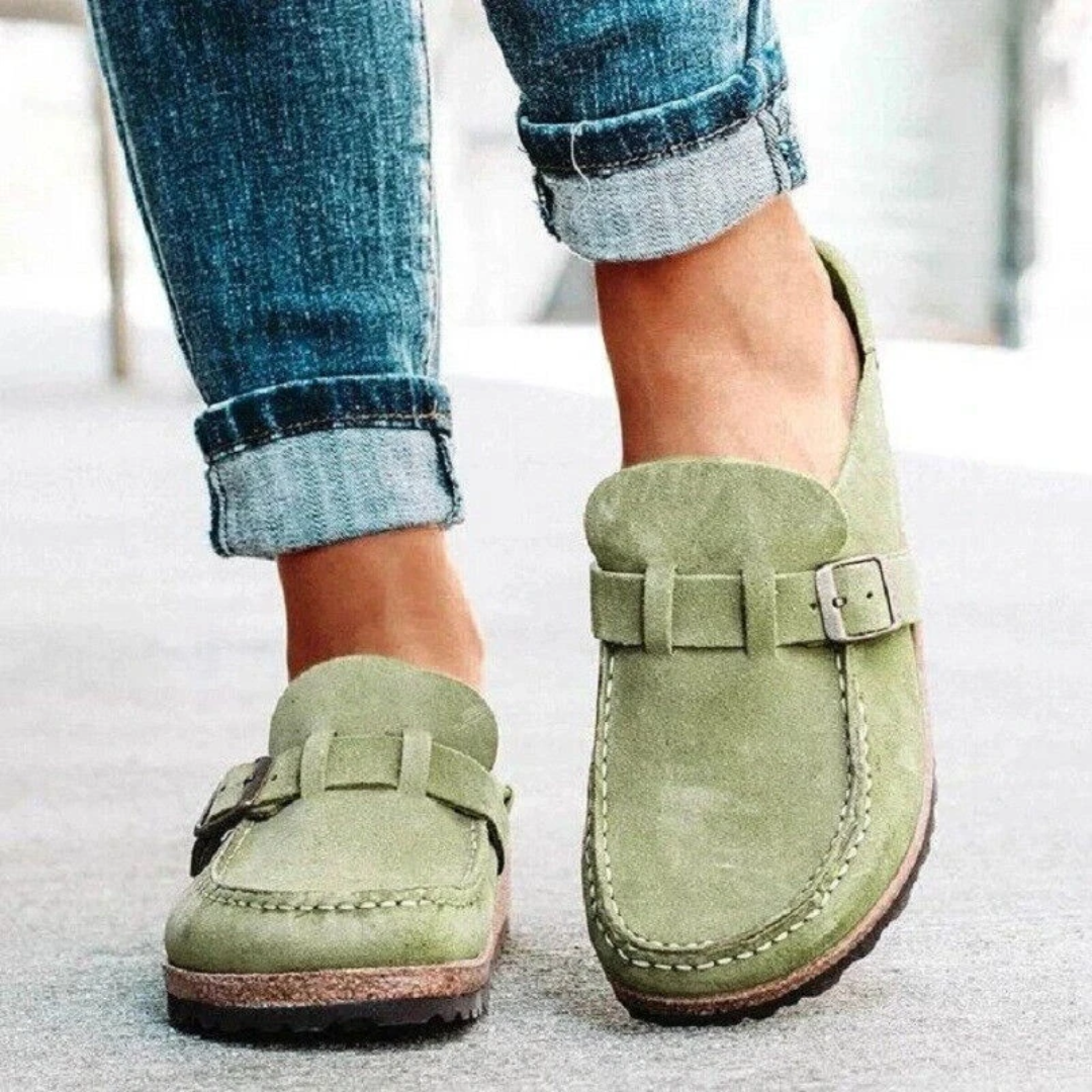 Polished buckle low heel loafer in green