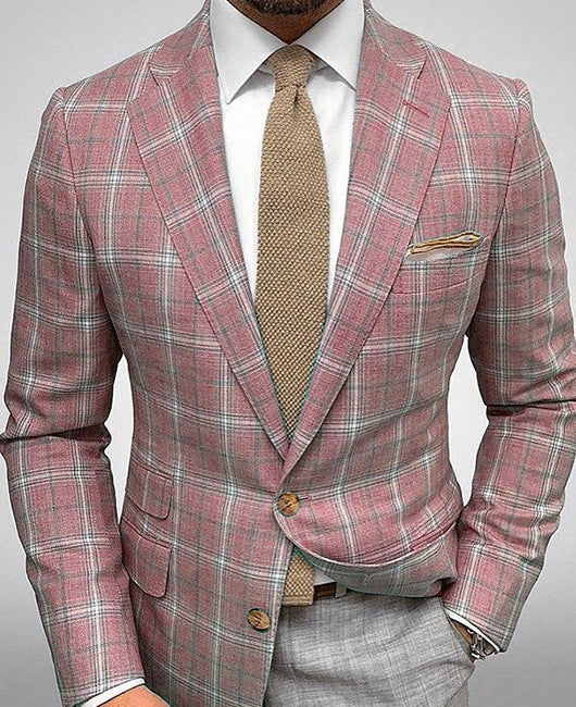 Fall Slim Fit Plaid Two Button Suit Blazer for Men in Pink Plaid