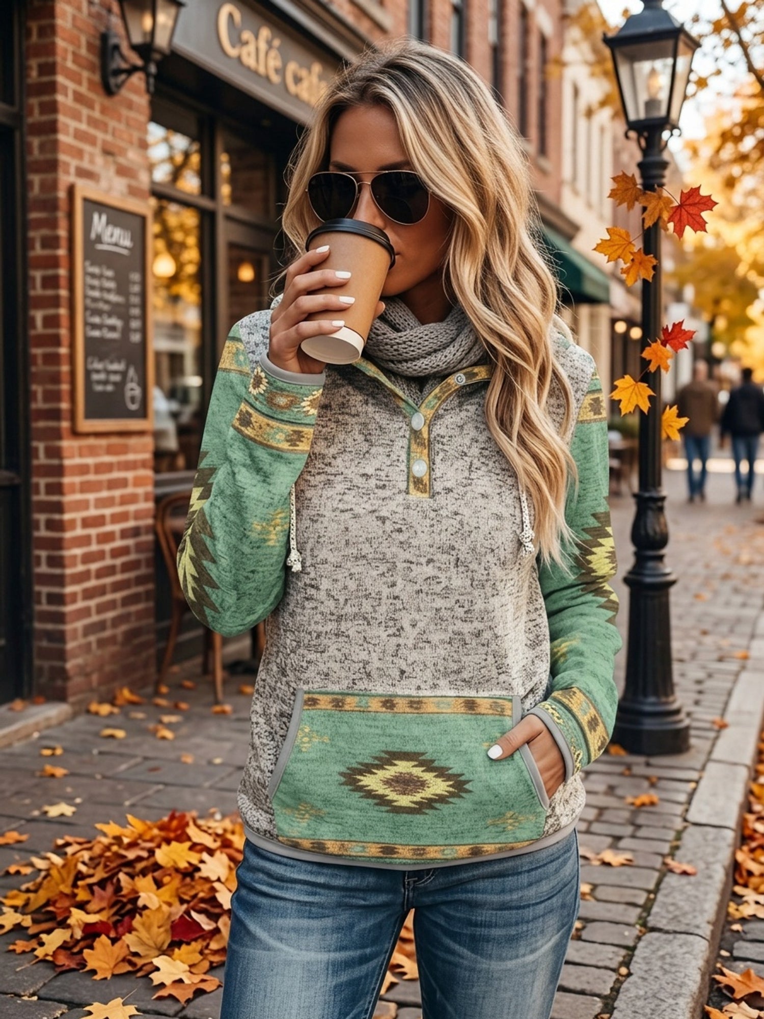 Hoodie Womens Western Aztec Pattern Trim Hooded Sweatshirt Cozy