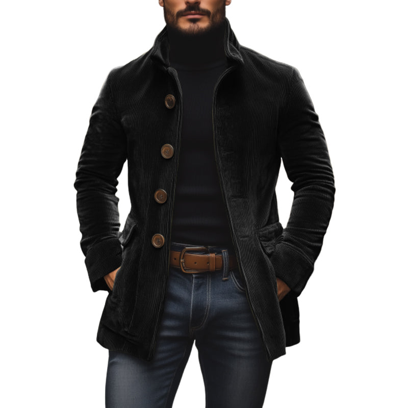 Fall Corduroy Stand Collar Button Front Short Coat for Men in Black