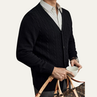 Fall Narrow Cable Knit Button Front Cardigan for Men in Black