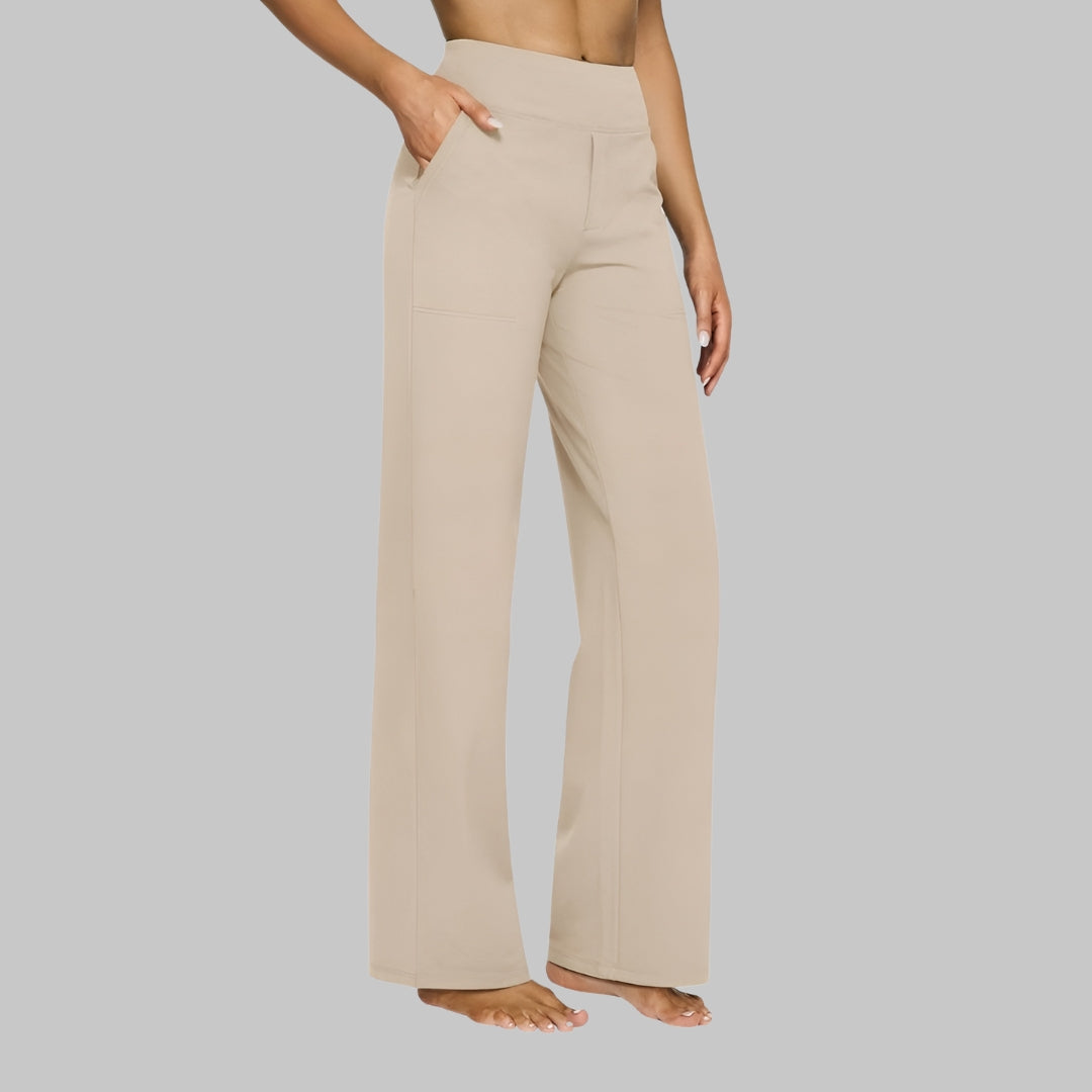 Fall Stretch High Waist Wide Leg Pull On Pants for Women in Cream