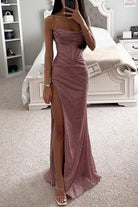 Glitter Corset High Slit Maxi Evening Dress for Women in Dusty Rose