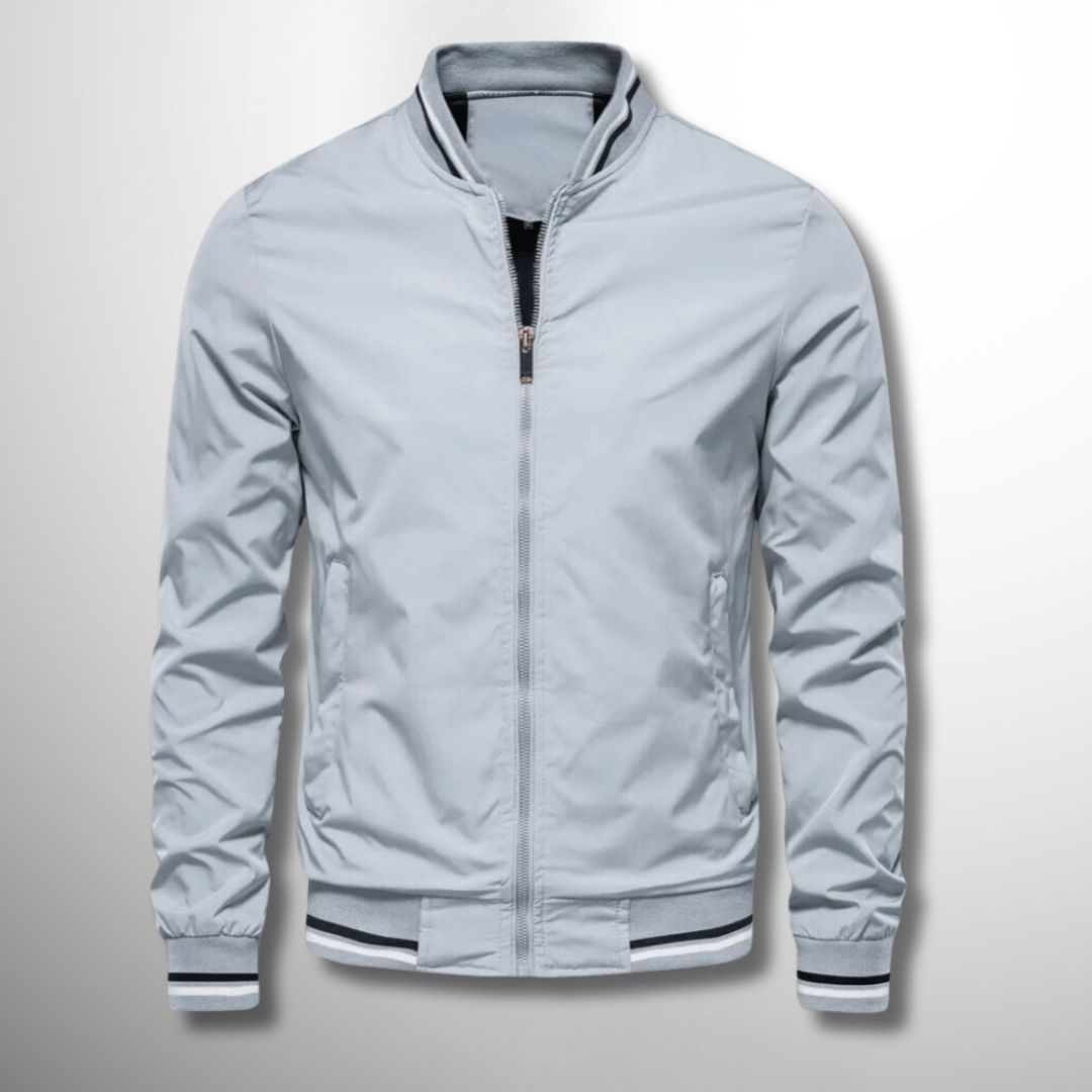 Fall Water Resistant Bomber Jacket with Striped Trim for Men in Light Blue