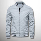 Fall Water Resistant Bomber Jacket with Striped Trim for Men in Light Blue