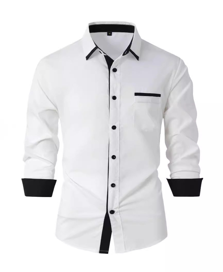 Fall Slim Fit Cotton Blend Contrast Trim Dress Shirt for Men in White