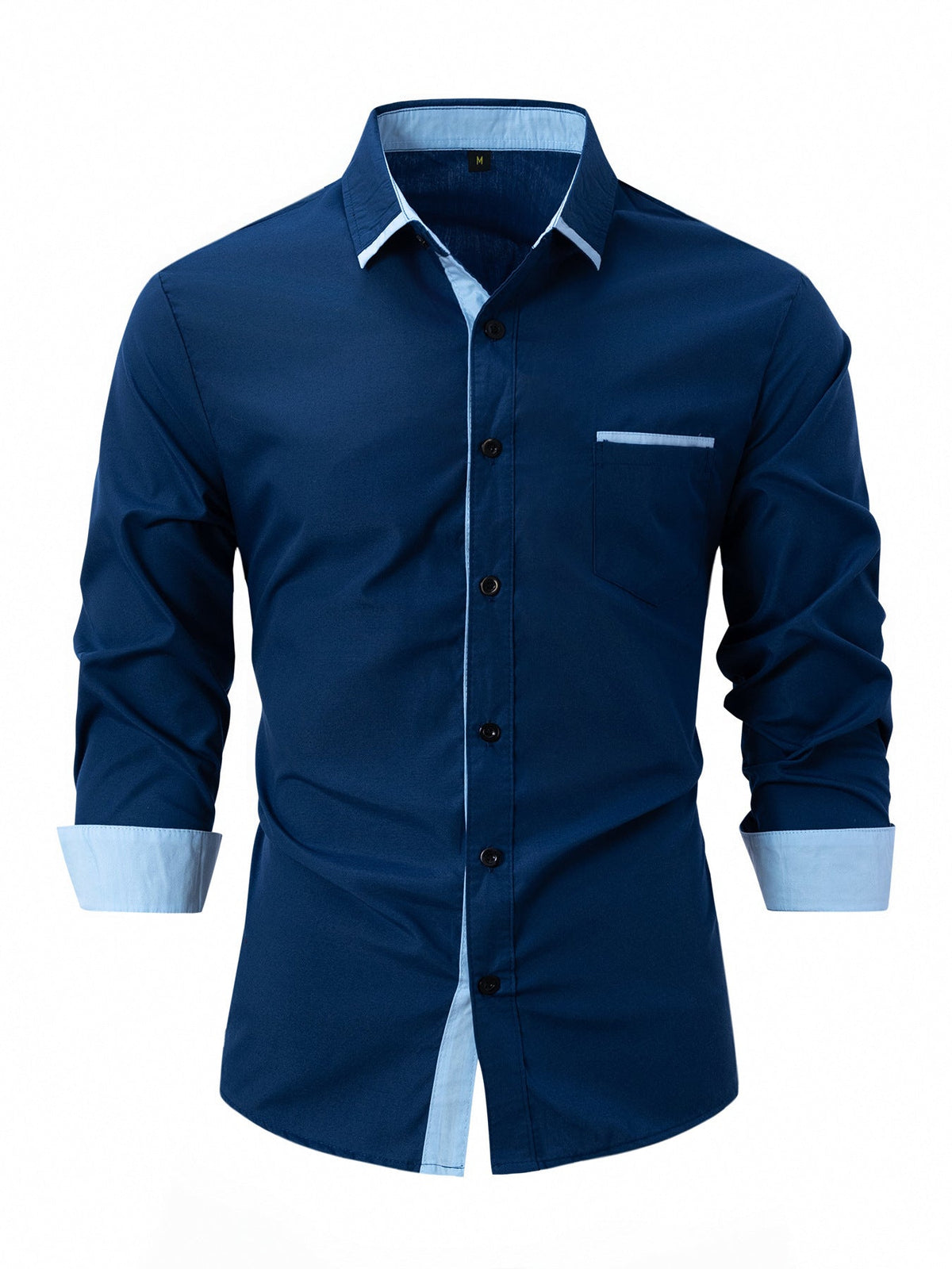 Fall Slim Fit Cotton Blend Contrast Trim Dress Shirt for Men in Navy