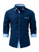 Fall Slim Fit Cotton Blend Contrast Trim Dress Shirt for Men in Navy