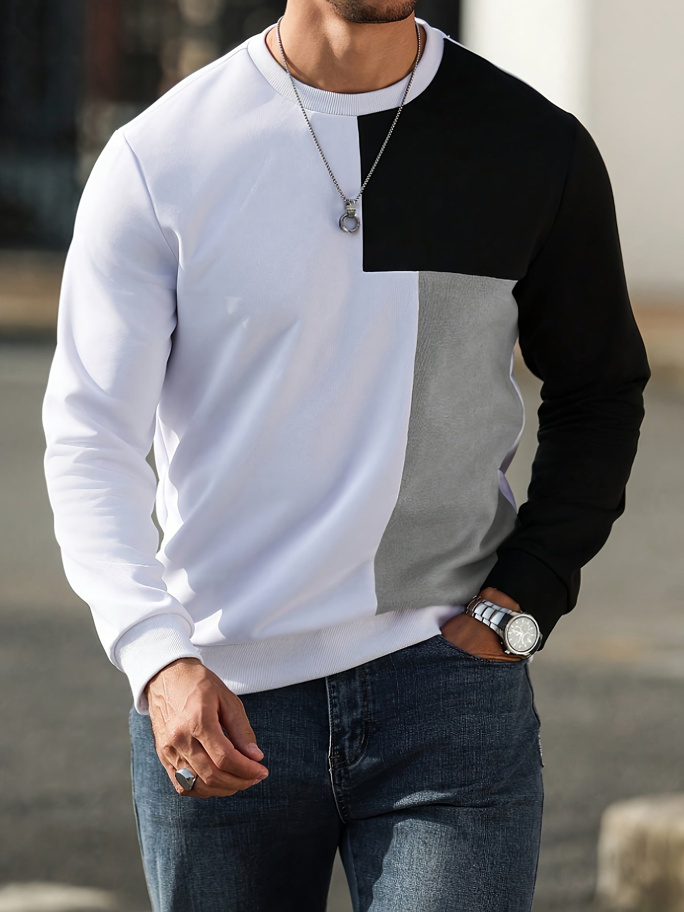 Sweatshirt Mens Colour Block Round Neck Pullover Contrast Panel