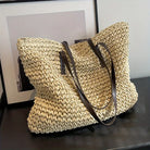 Oversized woven straw beach tote bag in beige