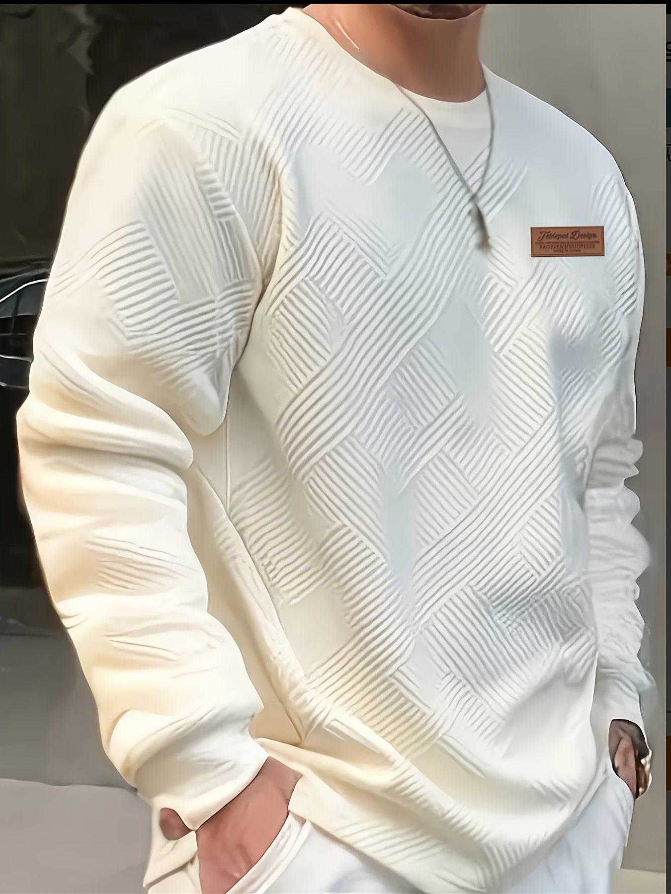Sweatshirt Mens Crew Neck Textured Pullover Ribbed Trim Everyday