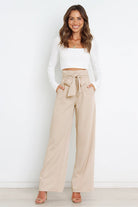 High waist paperbag pant with bow detail in fabric storm