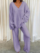 Lounge Set Womens Two Piece V Neck Top Wide Leg Trouser Soft Knit