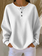 Fall Waffle Knit Oversized Henley Top for Women in White