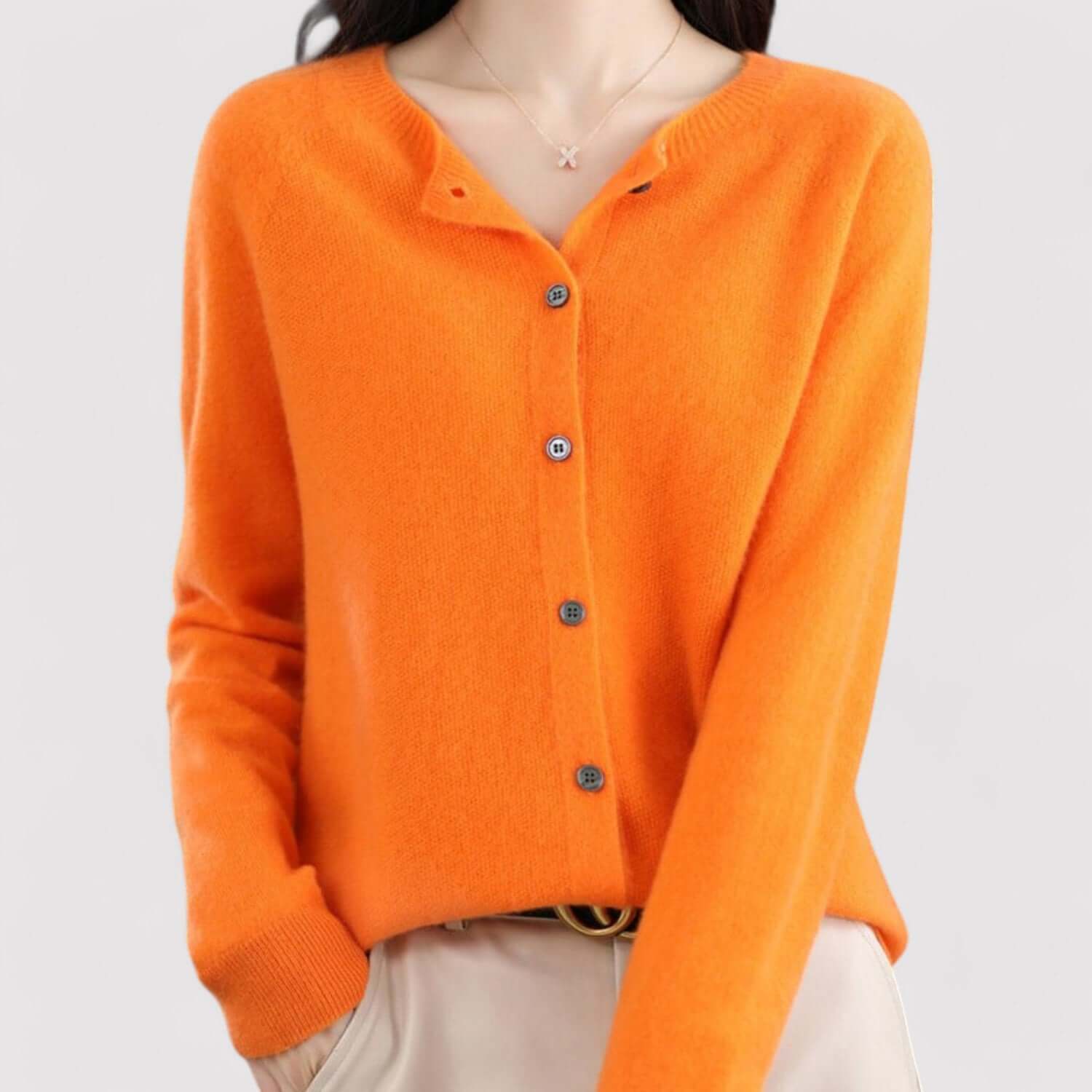 Fall Soft Brushed Fine Knit Crewneck Button Cardigan for Women in Orange