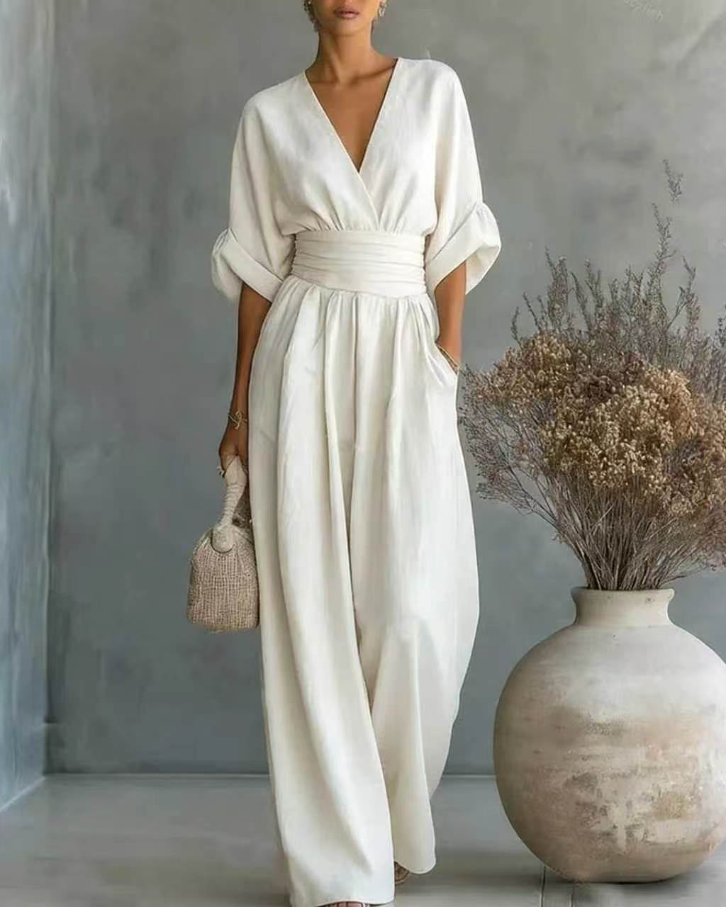Fall V Neck High Waist Wide Leg Jumpsuit for Women in White
