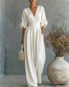 Fall V Neck High Waist Wide Leg Jumpsuit for Women in White
