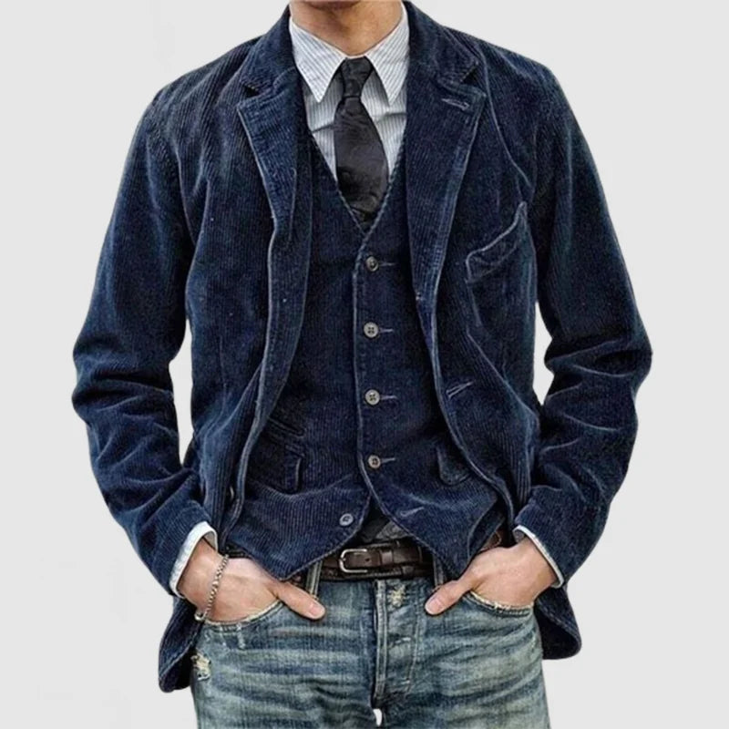 Fall Corduroy Notch Lapel Soft Shoulder Blazer Jacket for Men in Navy Blue