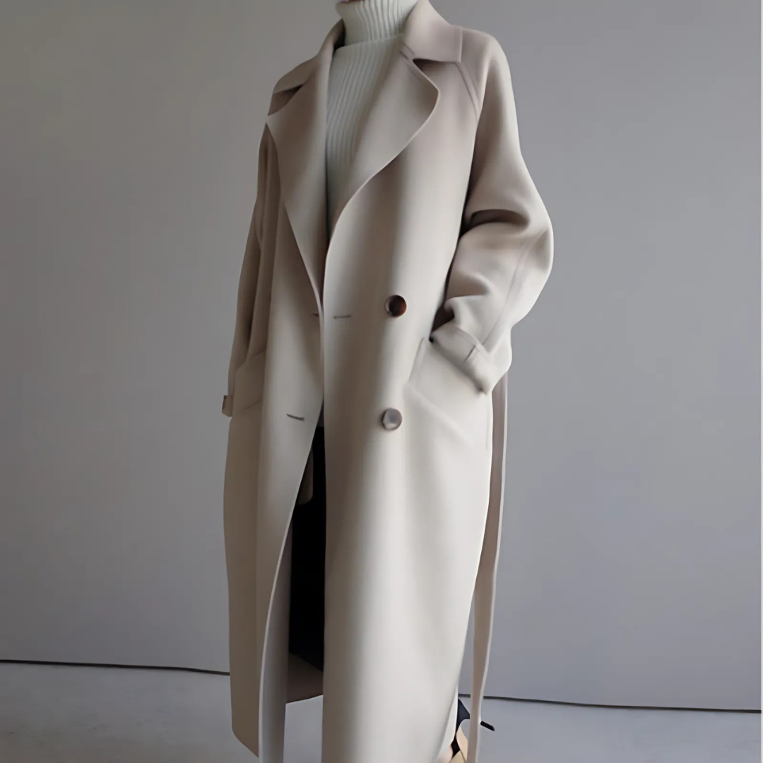 Winter Wool Feel Belted Long Wrap Coat for Women in Beige