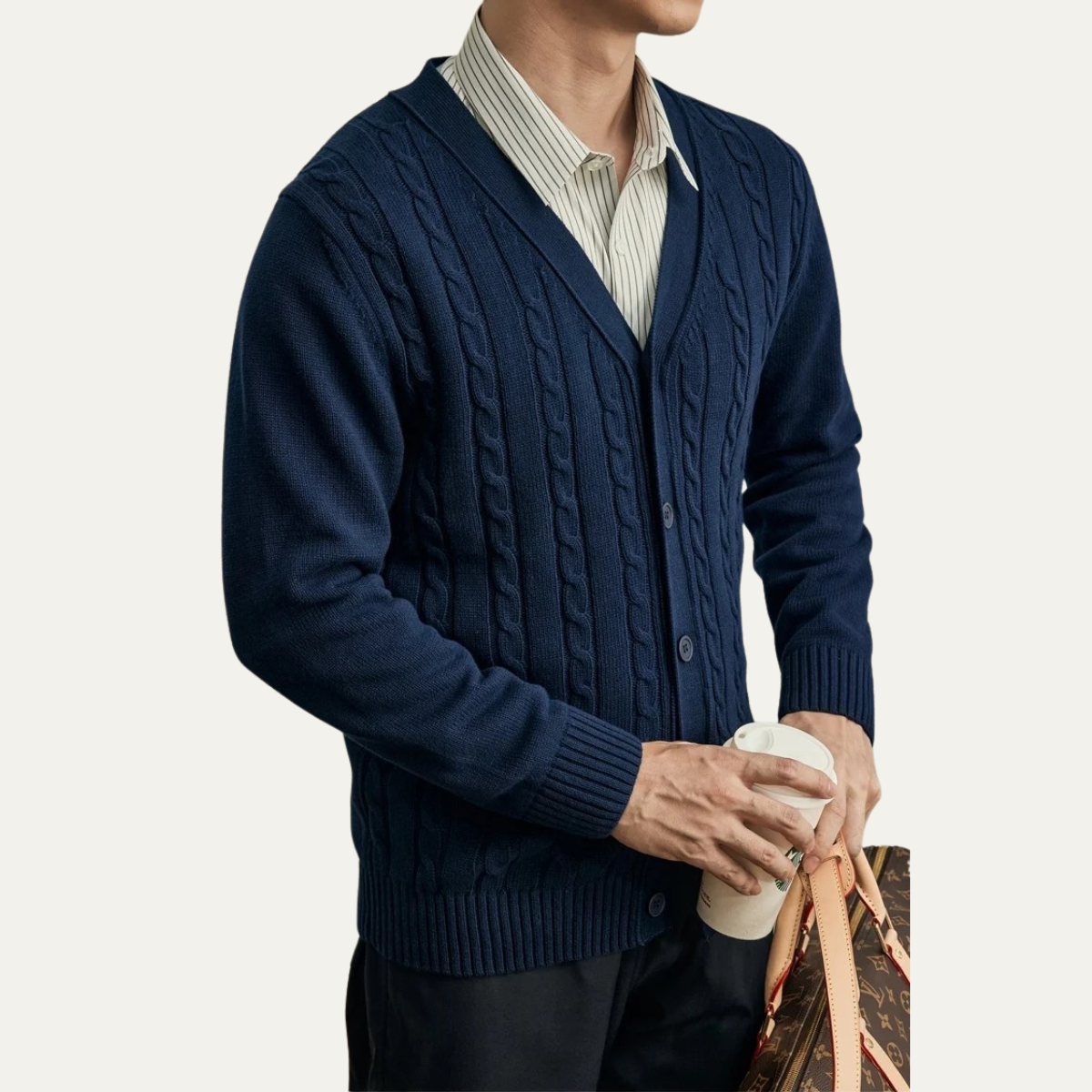 Fall Narrow Cable Knit Button Front Cardigan for Men in Blue