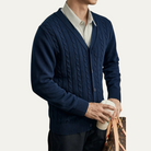 Fall Narrow Cable Knit Button Front Cardigan for Men in Blue
