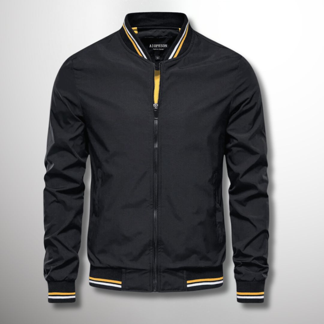 Fall Water Resistant Bomber Jacket with Striped Trim for Men in Black