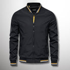 Fall Water Resistant Bomber Jacket with Striped Trim for Men in Black