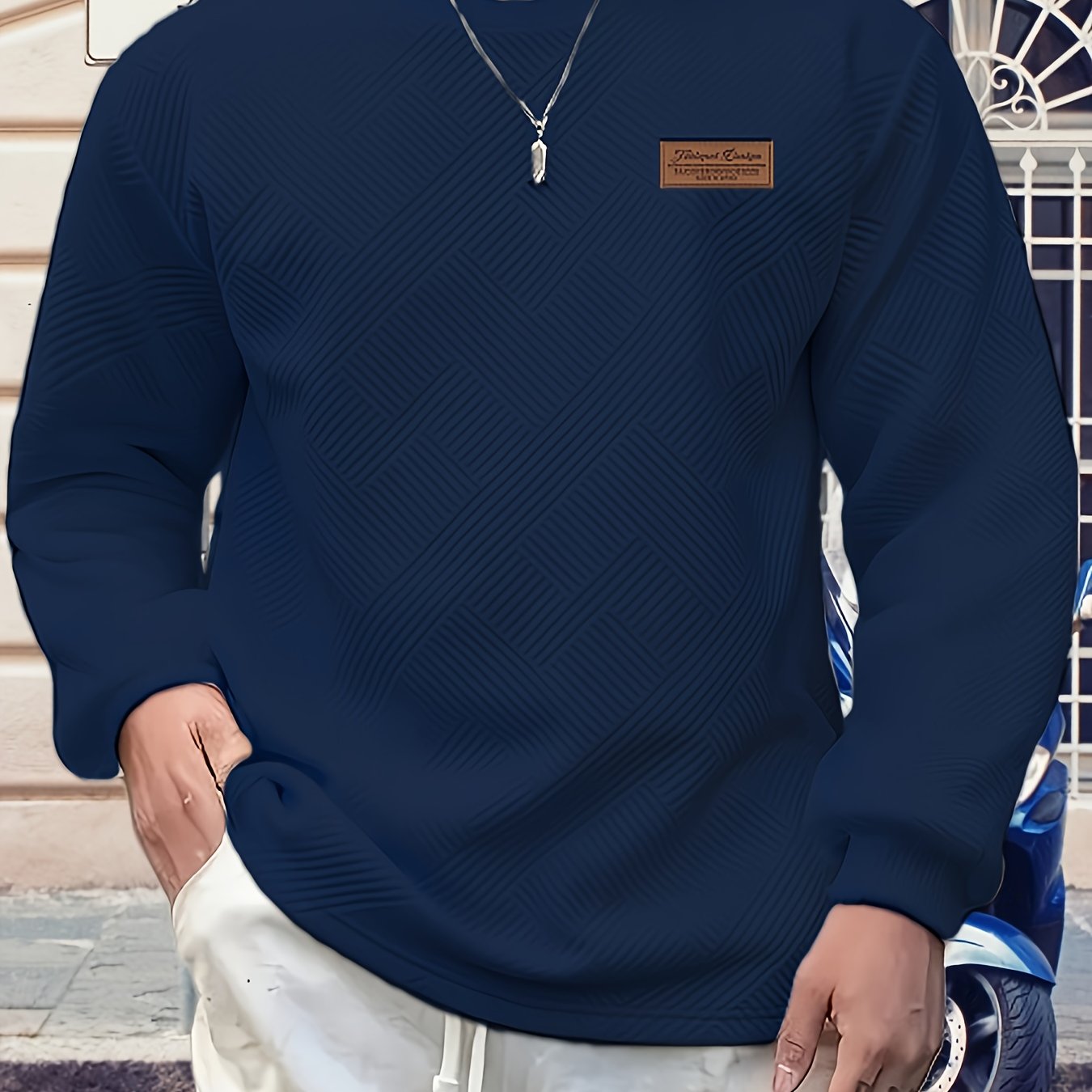 Sweatshirt Mens Crew Neck Textured Pullover Ribbed Trim Everyday