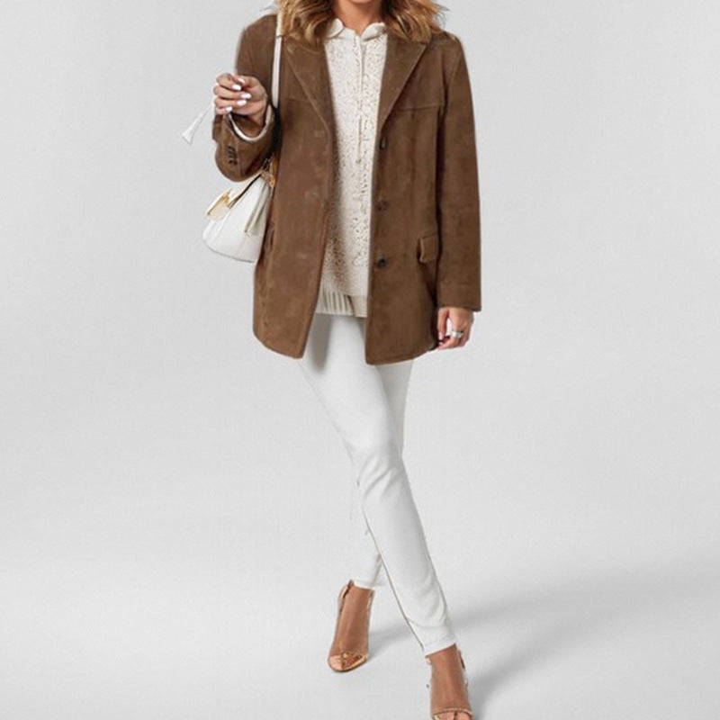 Fall Faux Leather Notch Lapel Button Front Blazer for Women