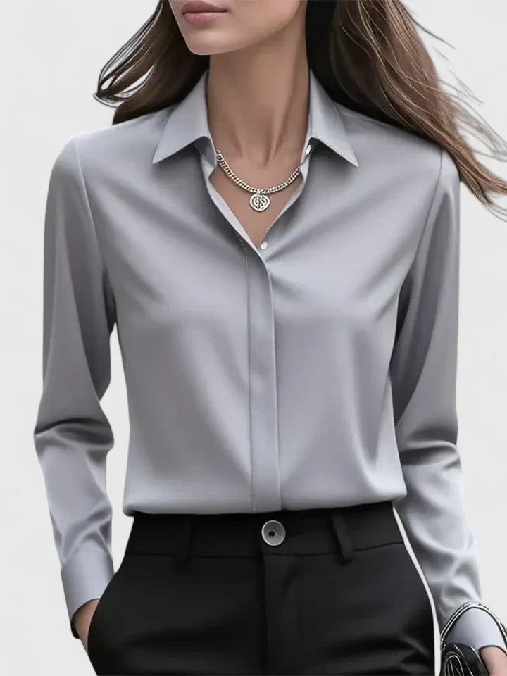 Fall Hidden Placket Curved Hem Long Sleeve Shirt for Women in Gray